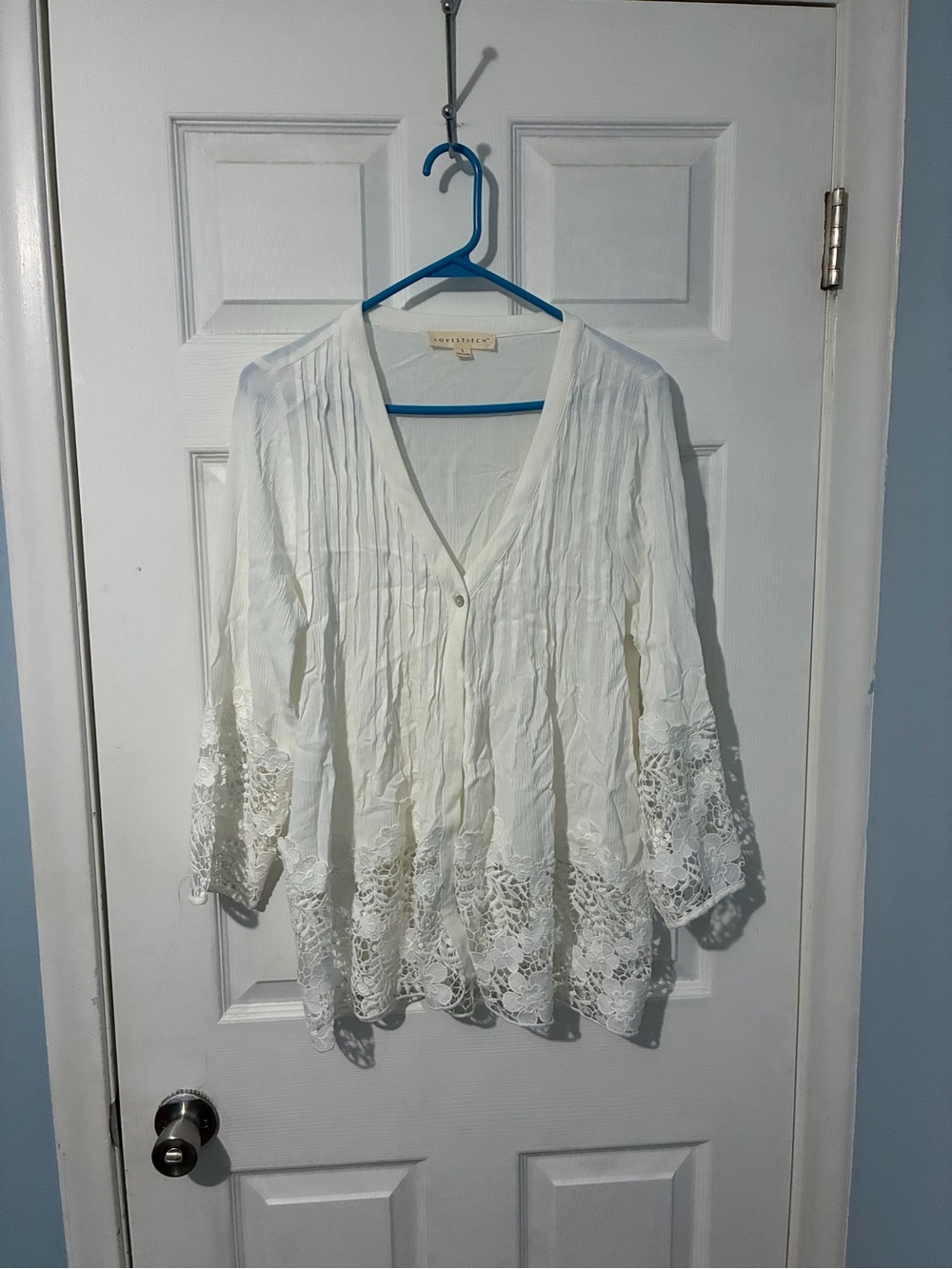 lovestitch White Lace-Trim V-Neck, Single Button Peasant Blouse